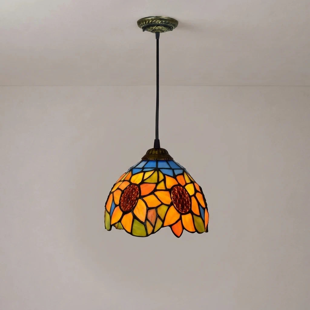 Tiffany Vintage Stained Glass Sunflower Pendant Light Retro Small Floral Hanging Lamp