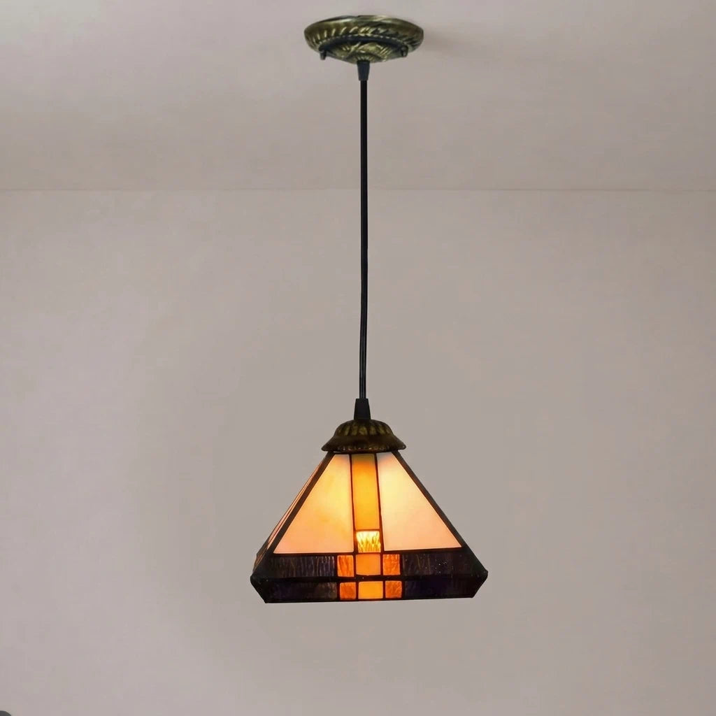 Vintage Tiffany Stained Glass Pendant Light Retro Small Handcrafted Geometric Hanging Lamp