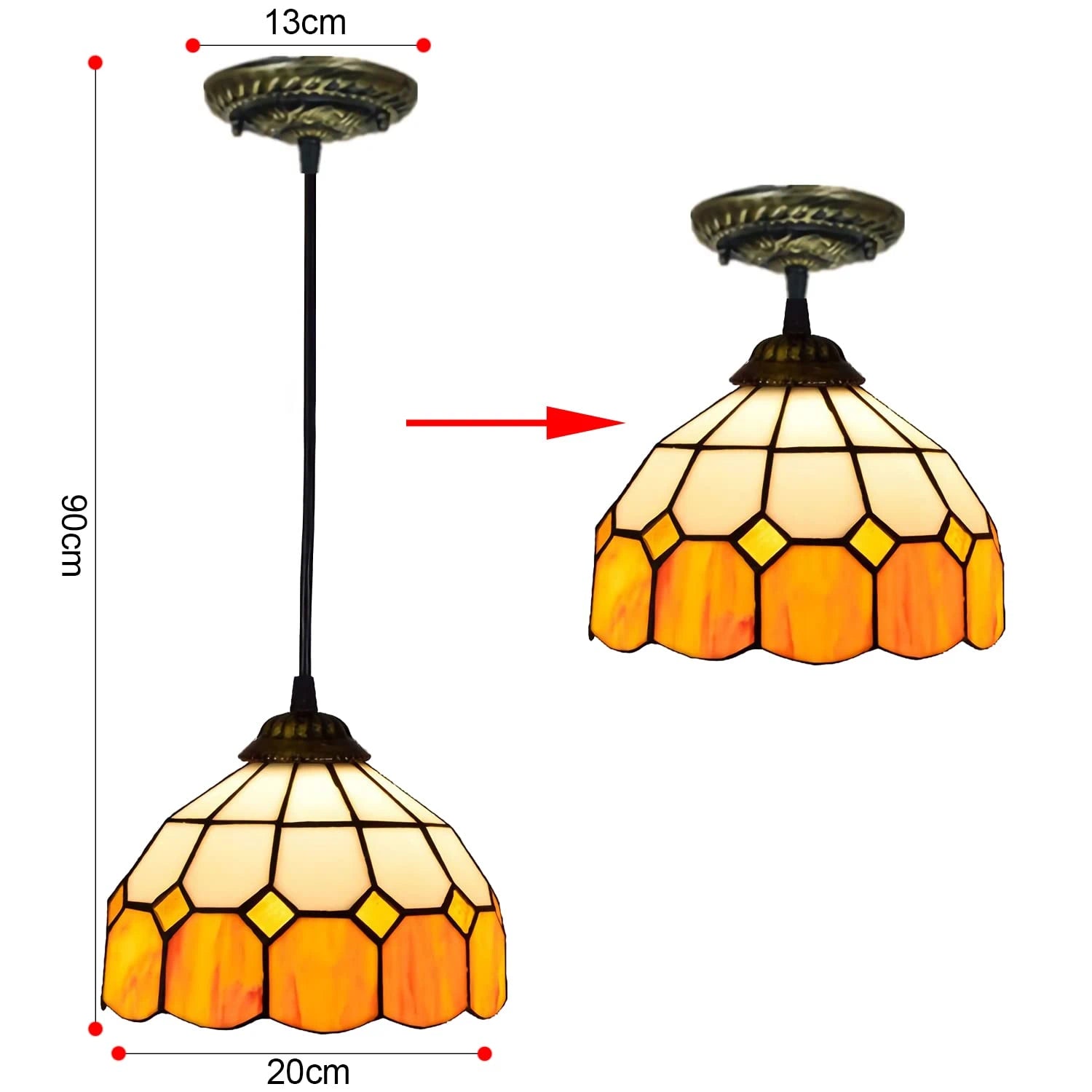 Vintage Tiffany Stained Glass Pendant Light Small Retro Amber Mosaic Hanging Lamp