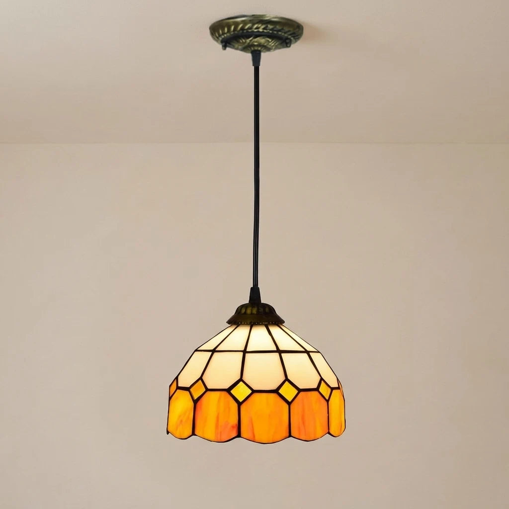 Vintage Tiffany Stained Glass Pendant Light Small Retro Amber Mosaic Hanging Lamp