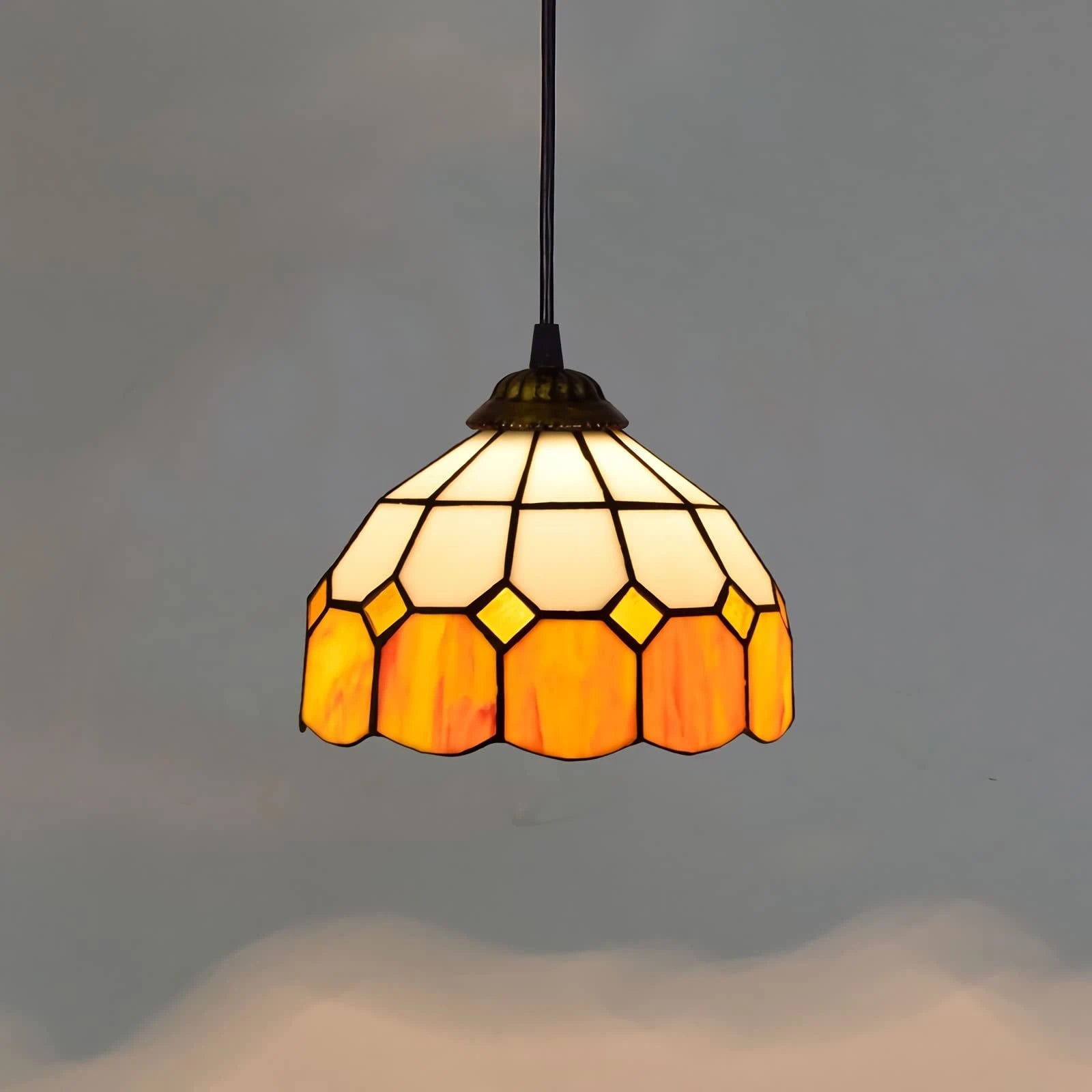 Vintage Tiffany Stained Glass Pendant Light Small Retro Amber Mosaic Hanging Lamp