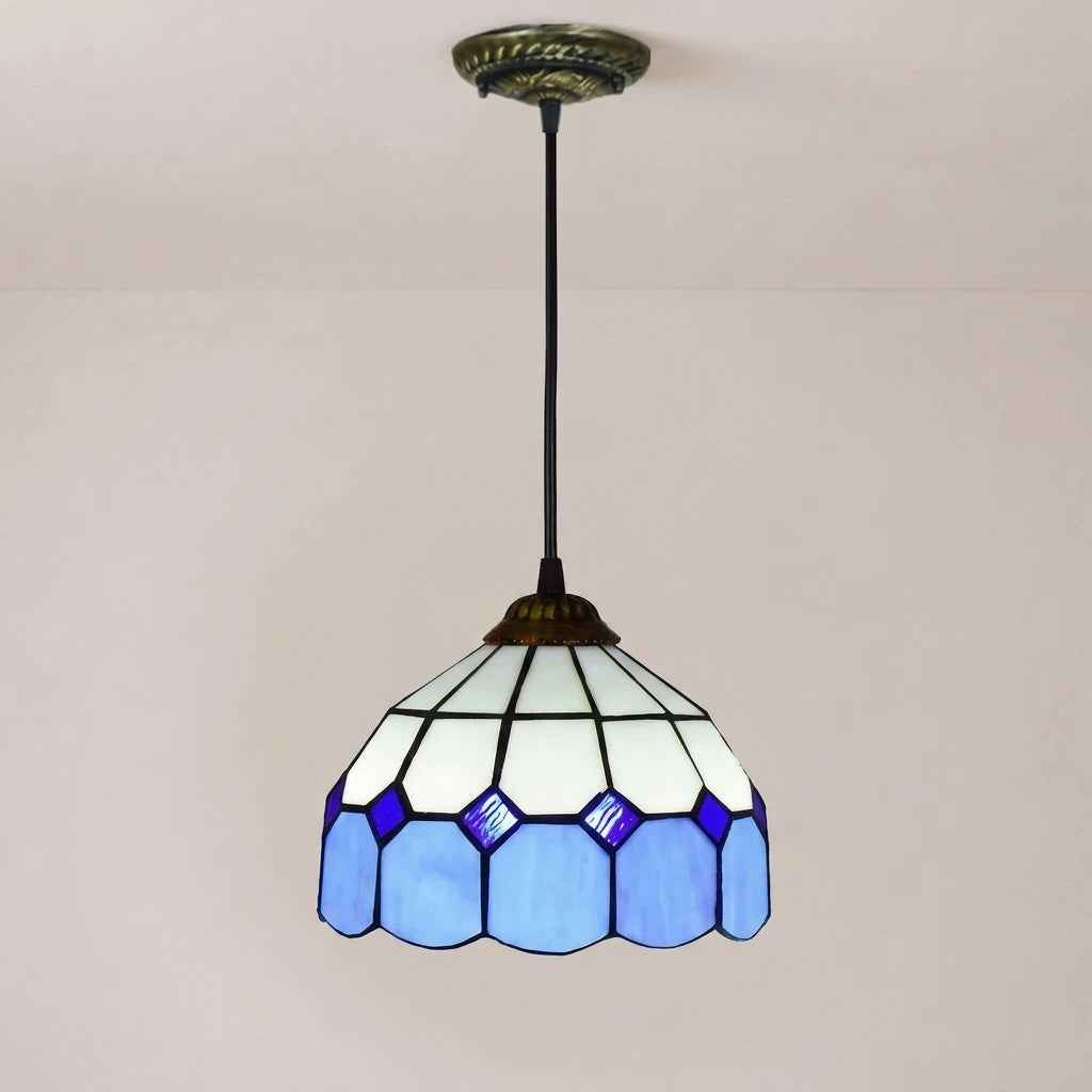 Vintage Tiffany Blue Stained Glass Pendant Light Small Classic Retro Art Glass Hanging Lamp