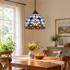 Vintage Tiffany Stained Glass Pendant Light Retro Small Blue Floral Mosaic Hanging Lamp