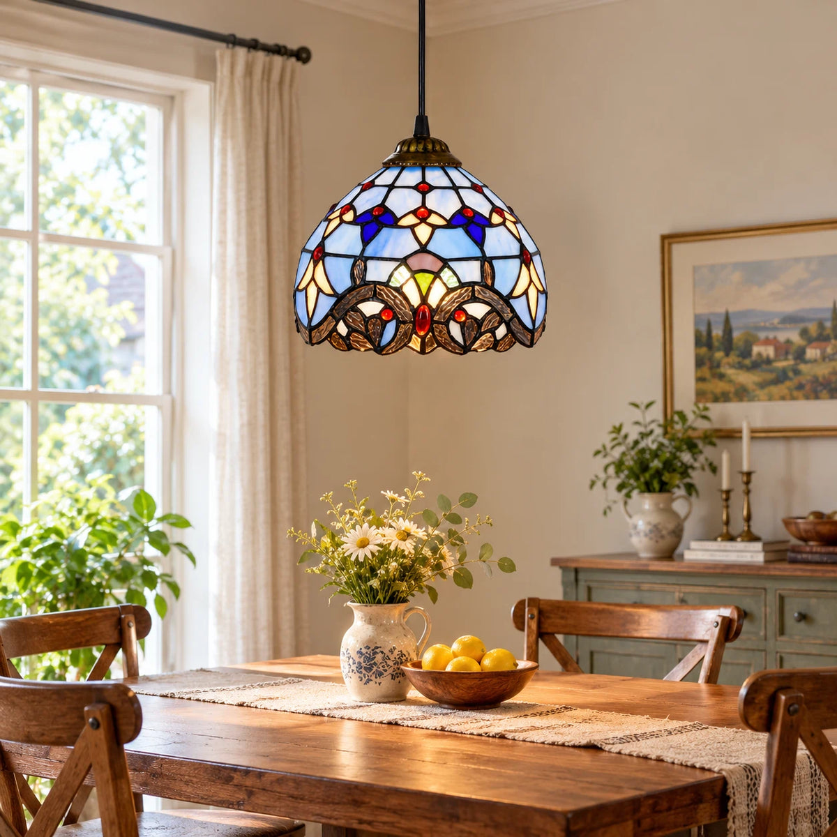 Vintage Tiffany Stained Glass Pendant Light Retro Small Blue Floral Mosaic Hanging Lamp