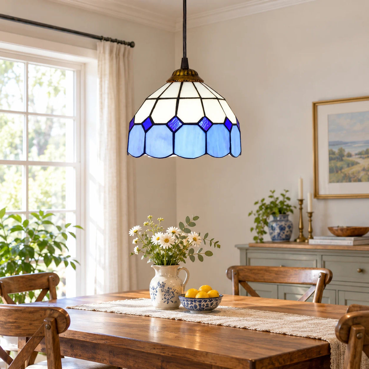 Vintage Tiffany Blue Stained Glass Pendant Light Small Classic Retro Art Glass Hanging Lamp