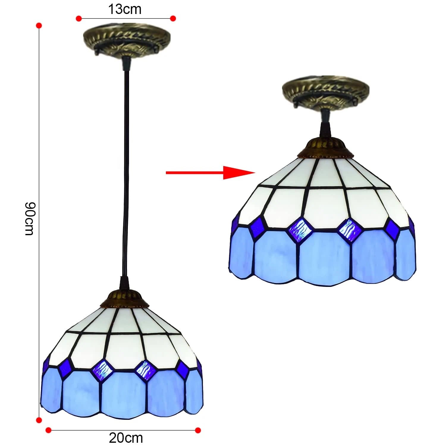 Vintage Tiffany Blue Stained Glass Pendant Light Small Classic Retro Art Glass Hanging Lamp