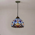 Vintage Tiffany Stained Glass Pendant Light Retro Small Blue Floral Mosaic Hanging Lamp