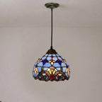Vintage Tiffany Stained Glass Pendant Light Retro Small Blue Floral Mosaic Hanging Lamp