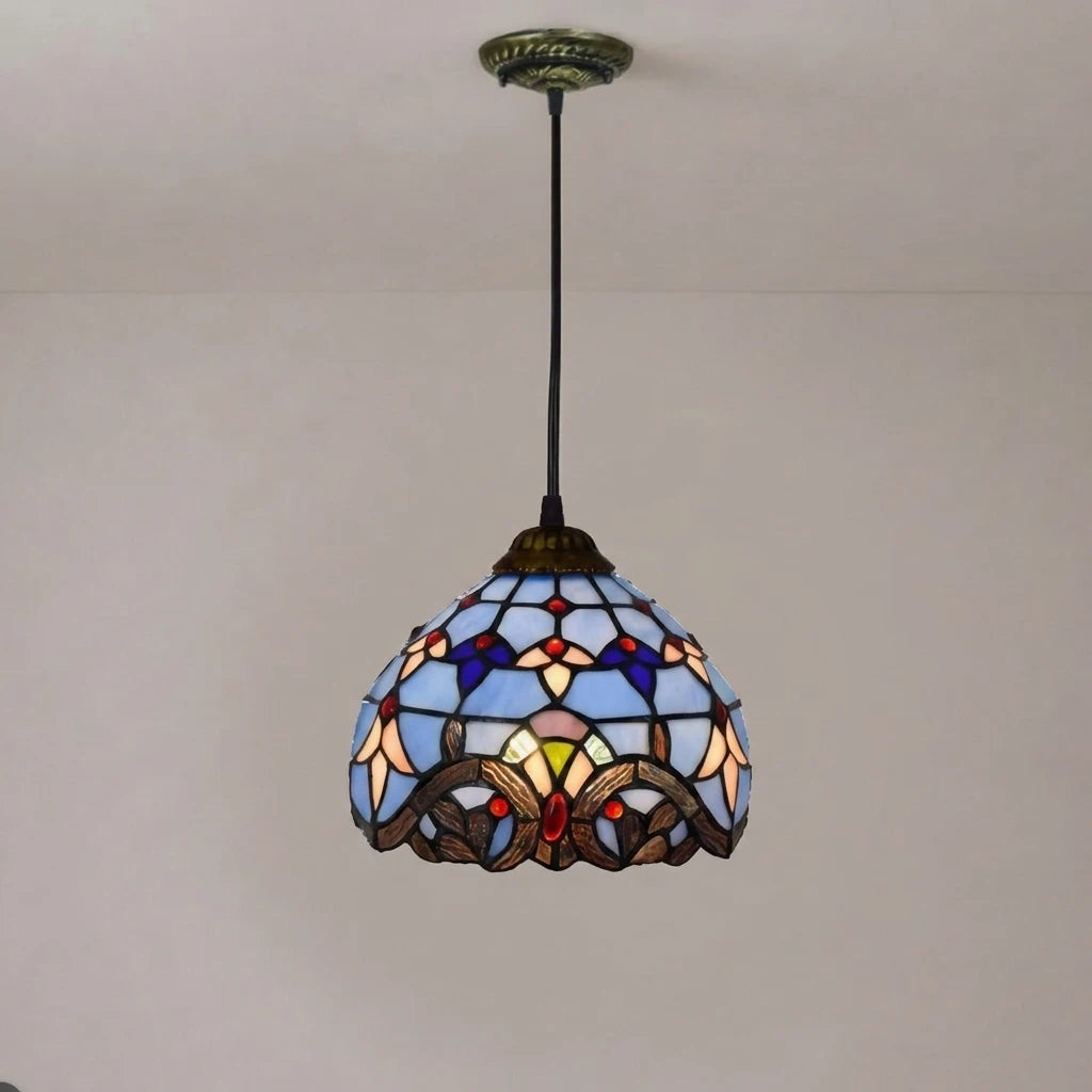 Vintage Tiffany Stained Glass Pendant Light Retro Small Blue Floral Mosaic Hanging Lamp
