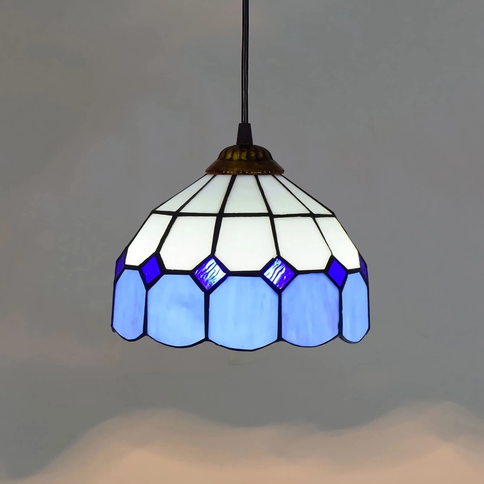 Vintage Tiffany Blue Stained Glass Pendant Light Small Classic Retro Art Glass Hanging Lamp