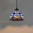 Vintage Tiffany Stained Glass Pendant Light Retro Small Blue Floral Mosaic Hanging Lamp