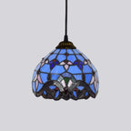 Vintage Tiffany Stained Glass Pendant Light Retro Small Blue Floral Mosaic Hanging Lamp