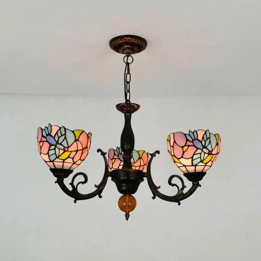 Antique Tiffany-Style Stained Glass Chandelier Colorful Floral Vintage Chandelier