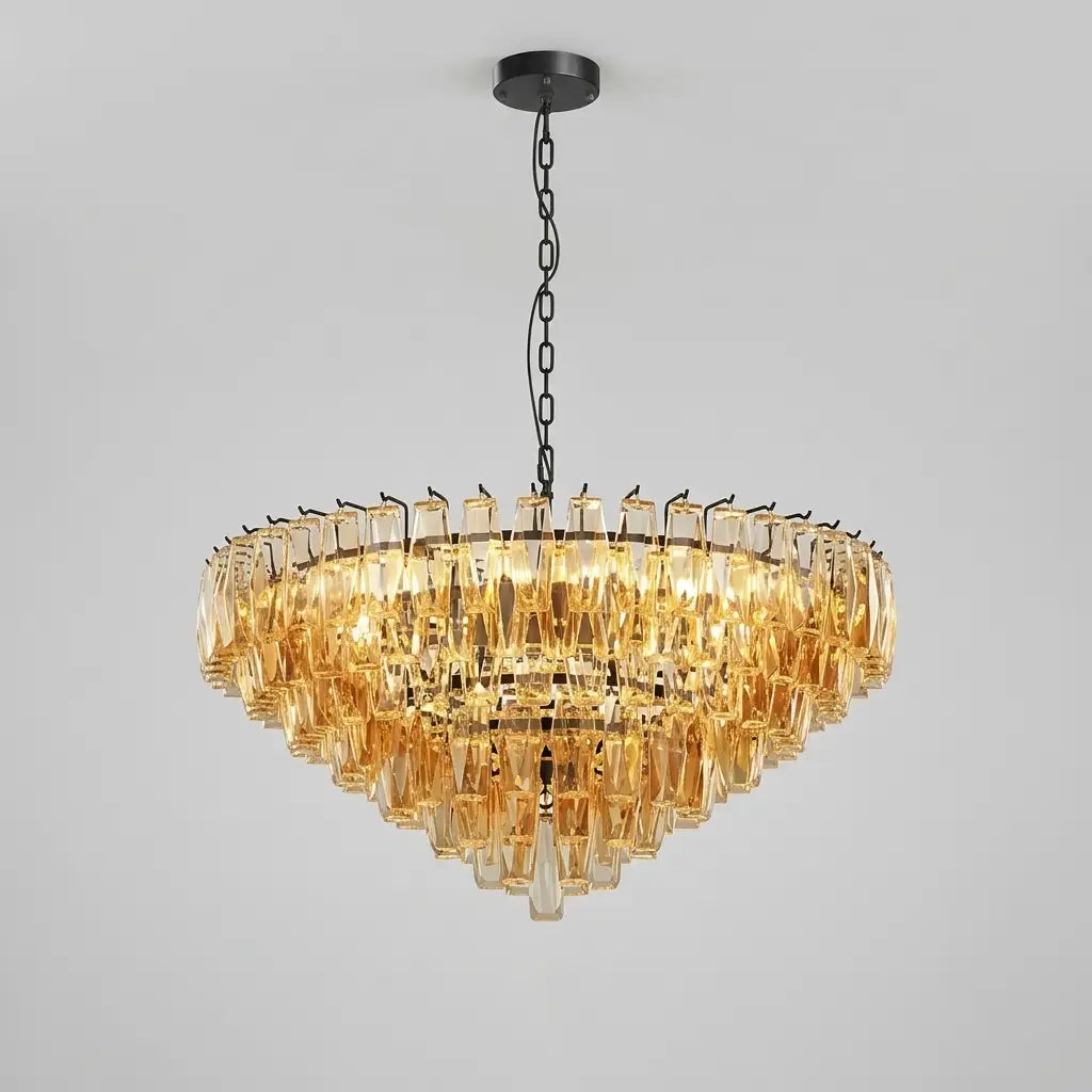 Tronchi Extra Large 14-Light Amber Gold Modern Round Chandelier Tatayosi Tiered Smoke Blown Glass Pendant Light
