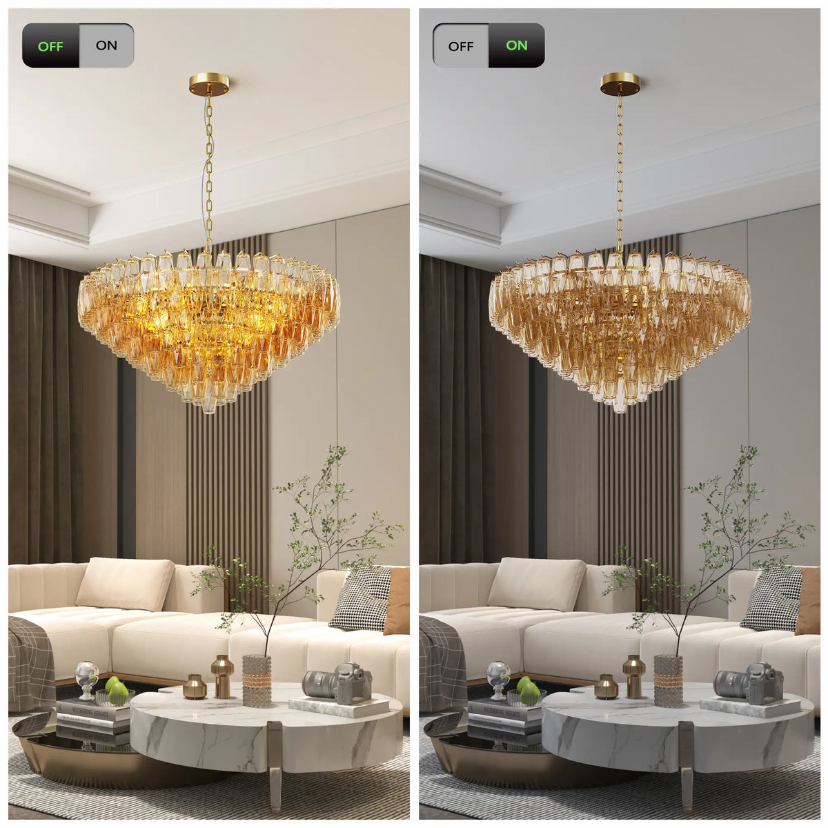 Tronchi Extra Large 14-Light Amber Gold Modern Round Chandelier Tatayosi Tiered Smoke Blown Glass Pendant Light