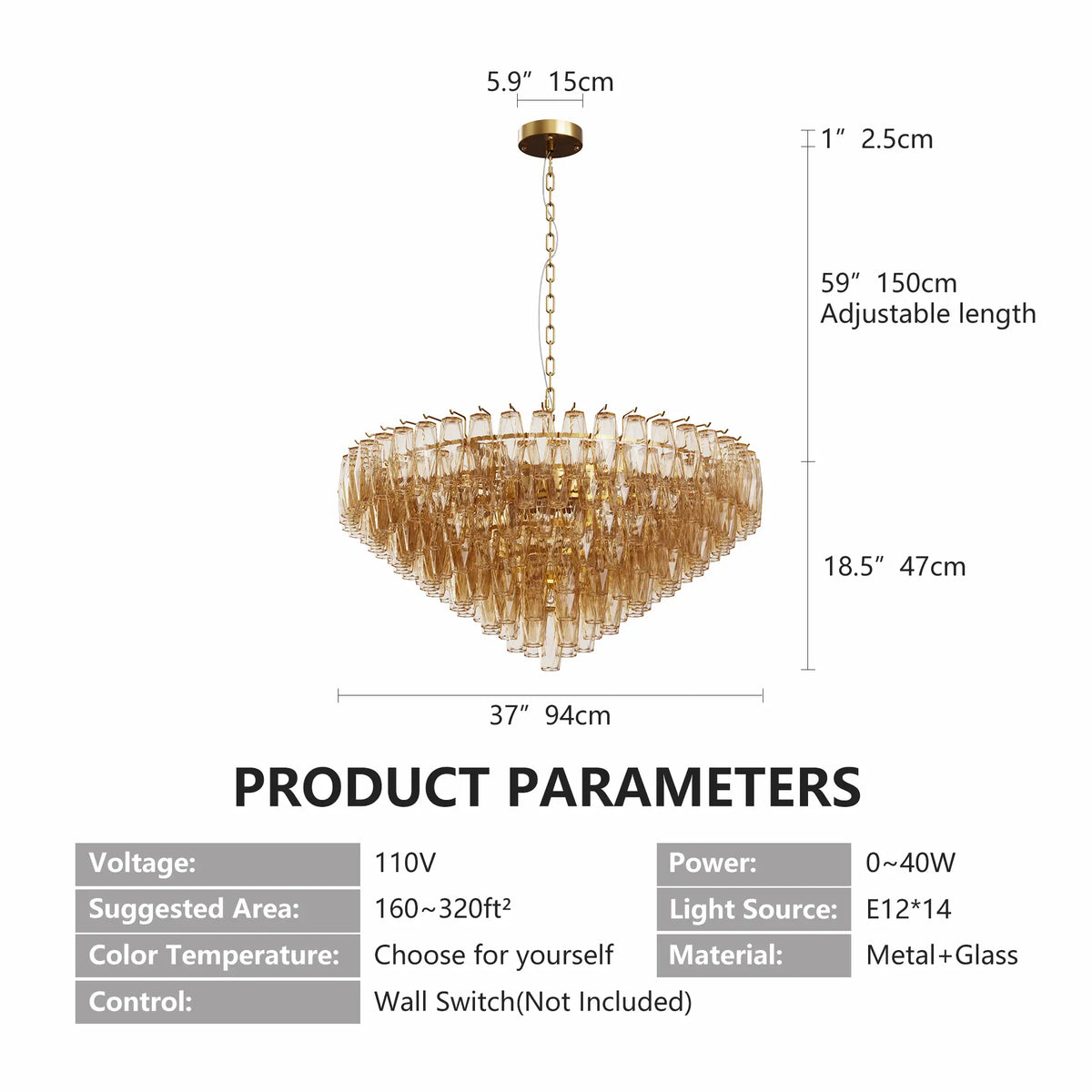 Tronchi Extra Large 14-Light Amber Gold Modern Round Chandelier Tatayosi Tiered Smoke Blown Glass Pendant Light