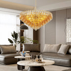 Tronchi Extra Large 14-Light Amber Gold Modern Round Chandelier Tatayosi Tiered Smoke Blown Glass Pendant Light