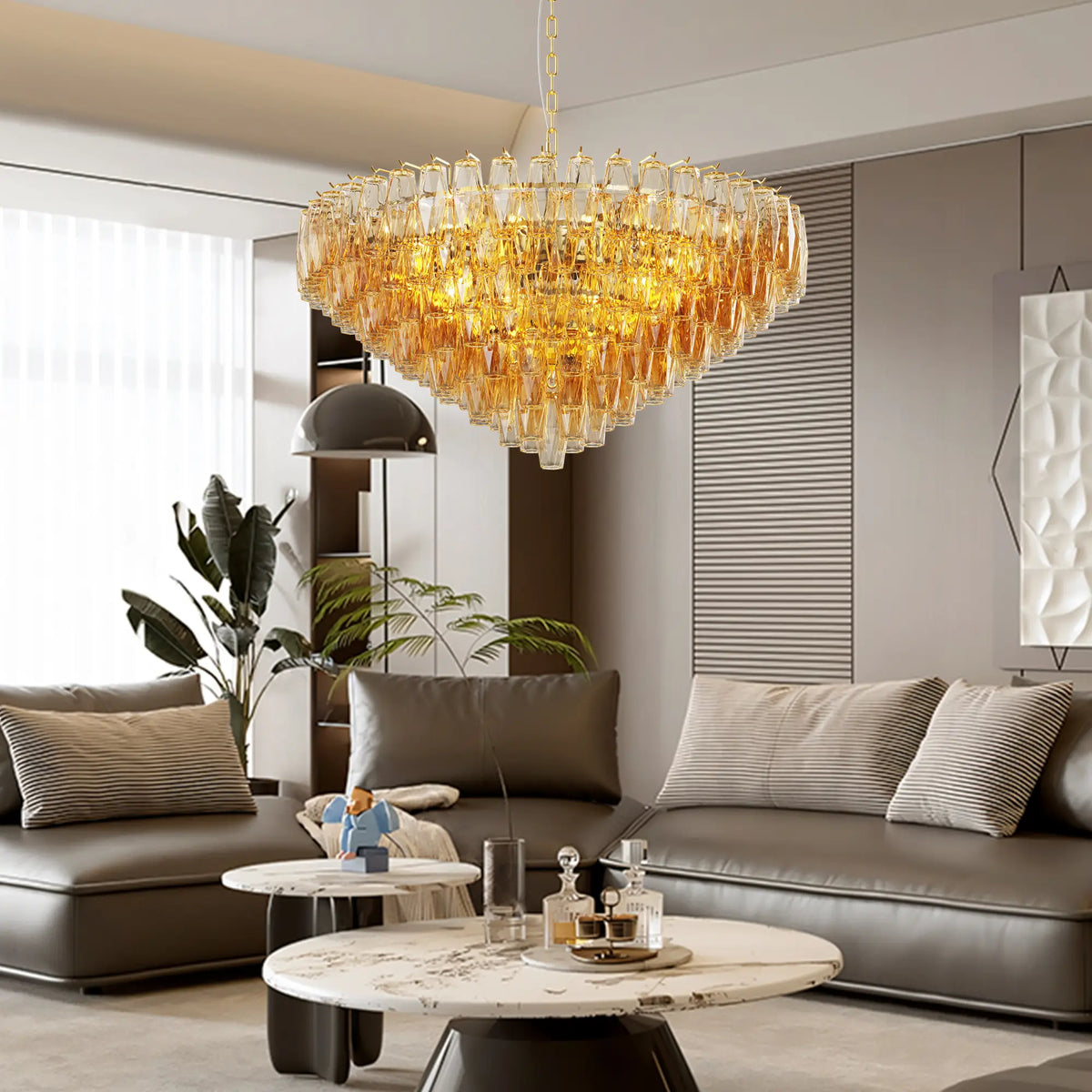 Tronchi Extra Large 14-Light Amber Gold Modern Round Chandelier Tatayosi Tiered Smoke Blown Glass Pendant Light
