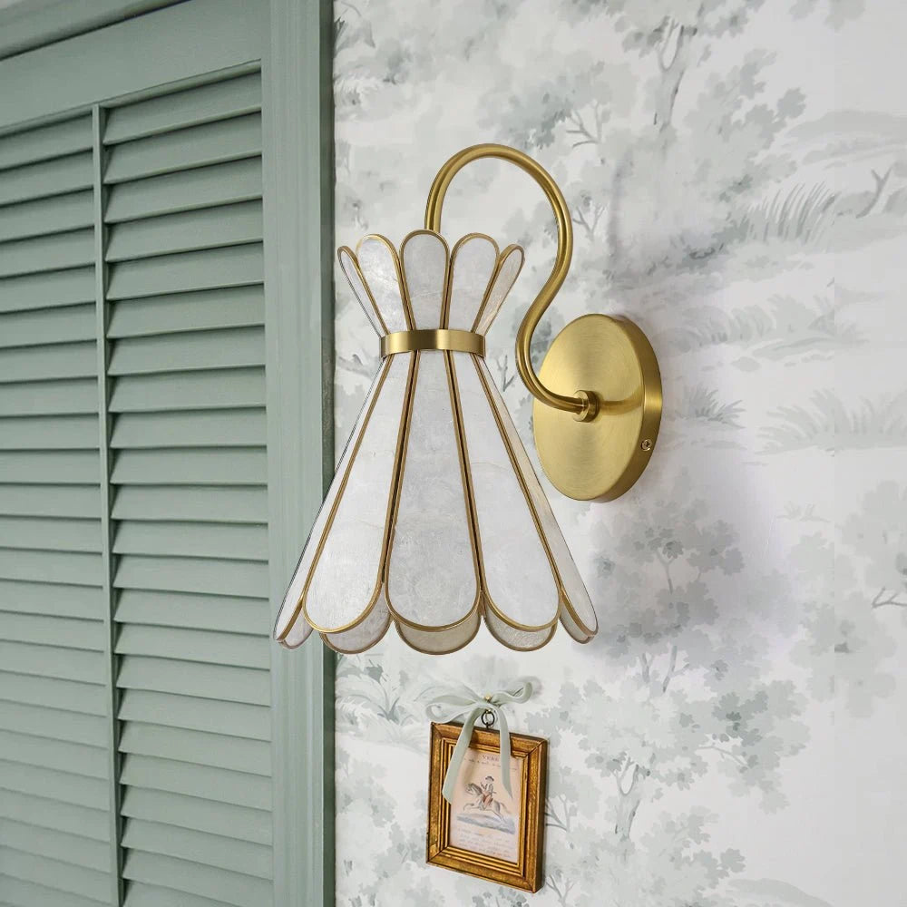 Sculptural Capiz Shell Glass Wall Sconce Tiffany Style Flower Armed Wall Light Art Deco Bathroom Wall Lamp