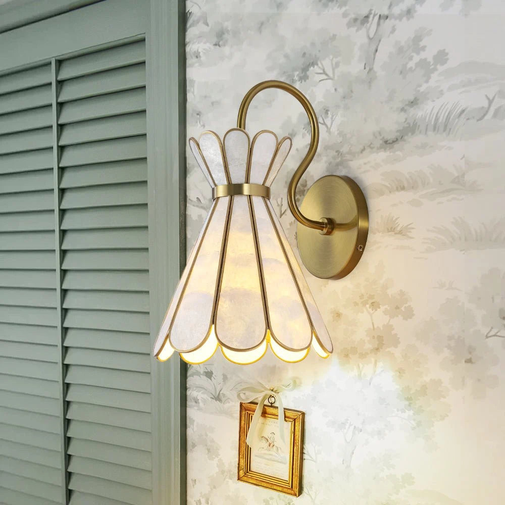 Sculptural Capiz Shell Glass Wall Sconce Tiffany Style Flower Armed Wall Light Art Deco Bathroom Wall Lamp