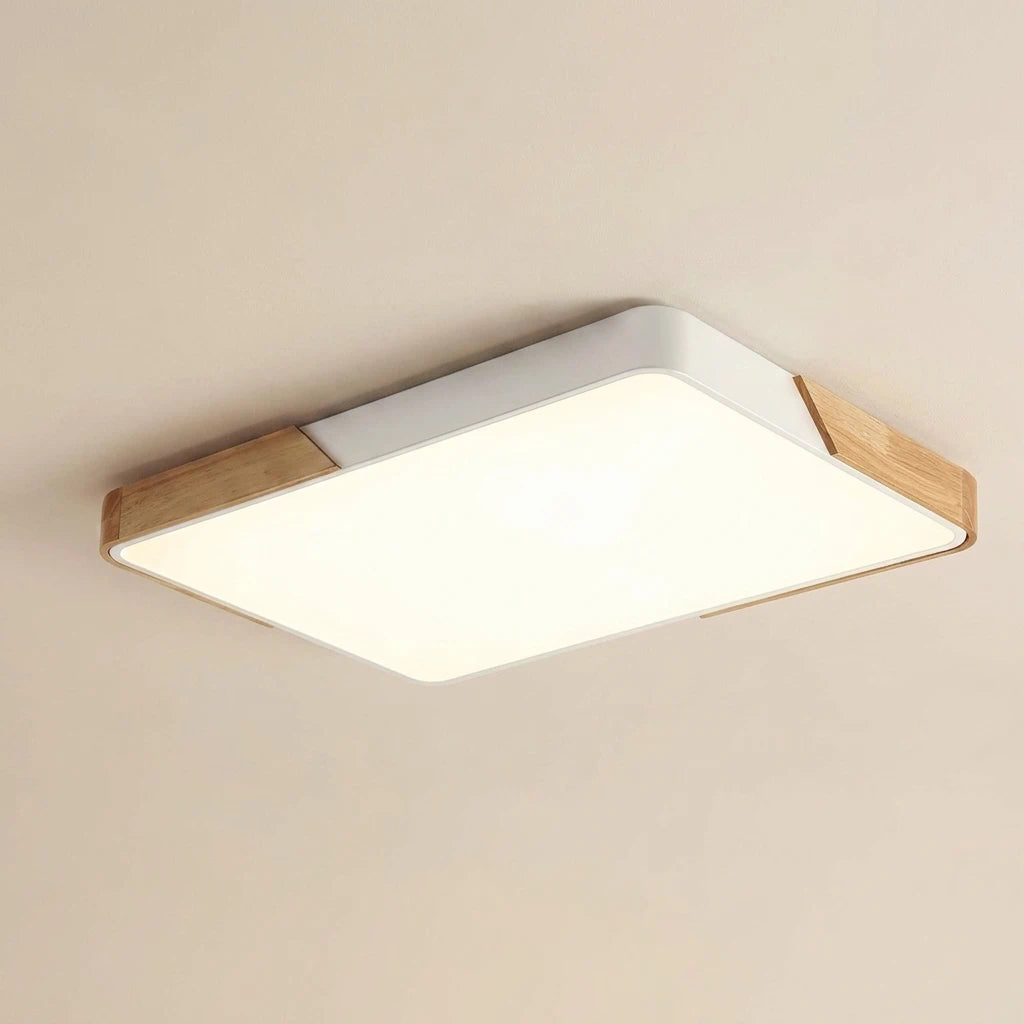 Modern Large Rectangular LED Flush Mount Ceiling Light with Wood and Metal Frame
