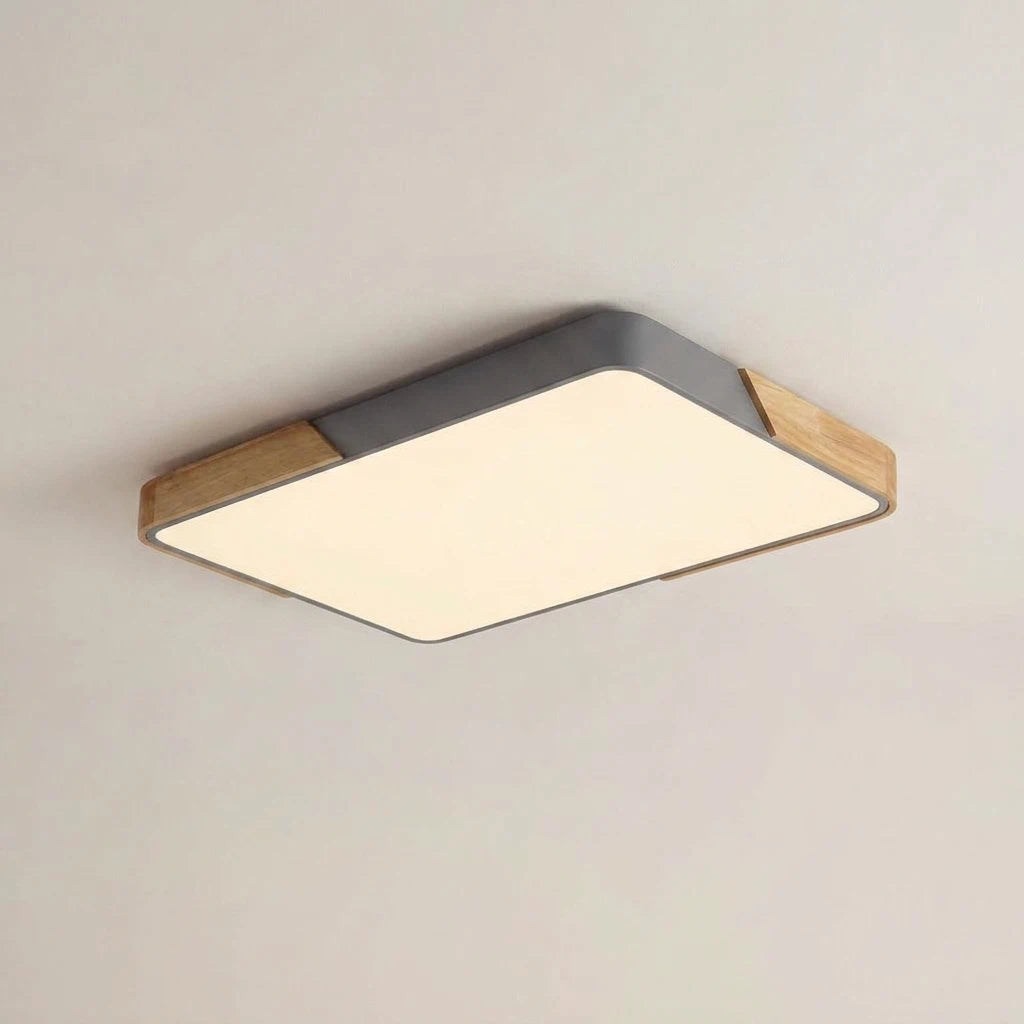 Modern Large Rectangular LED Flush Mount Ceiling Light with Wood and Metal Frame