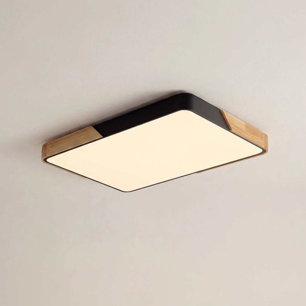 Modern Large Rectangular LED Flush Mount Ceiling Light with Wood and Metal Frame