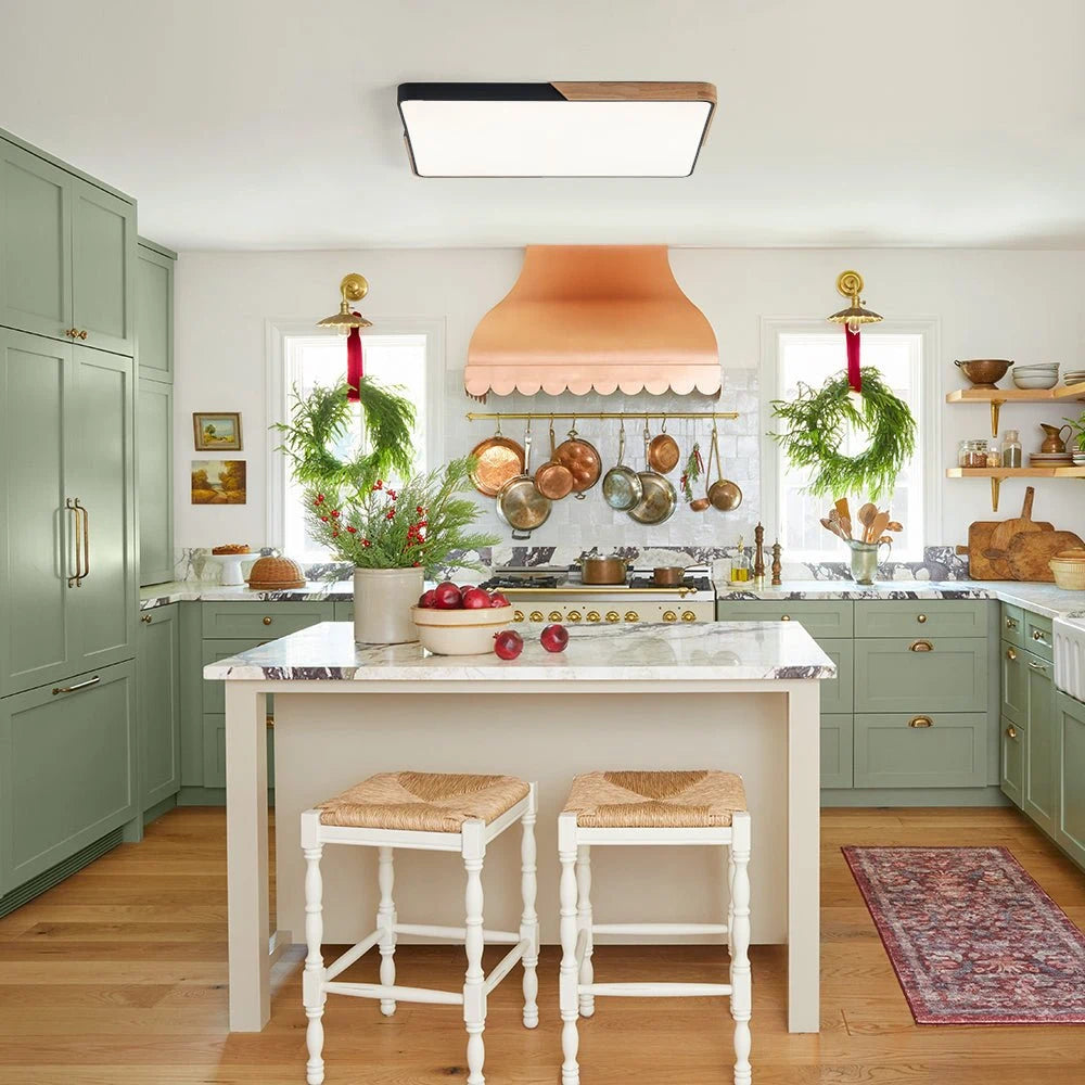 Modern Large Rectangular LED Flush Mount Ceiling Light with Wood and Metal Frame
