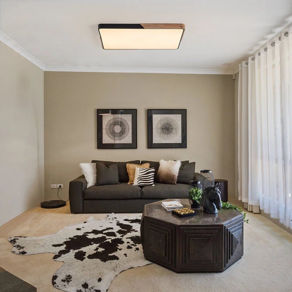 Modern Large Rectangular LED Flush Mount Ceiling Light with Wood and Metal Frame