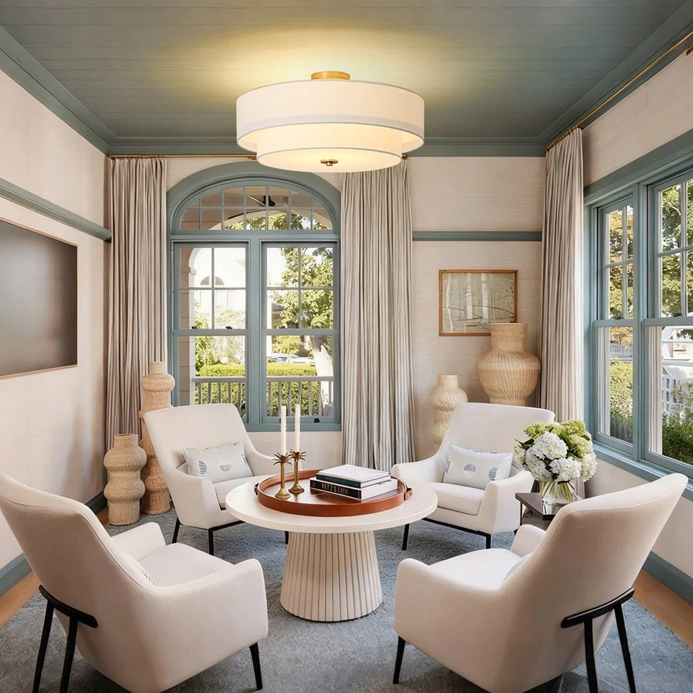 4-Light Wide Drum Linen Ceiling Light White Semi Flush Mount Round Fabric Ceiling Chandelier Light