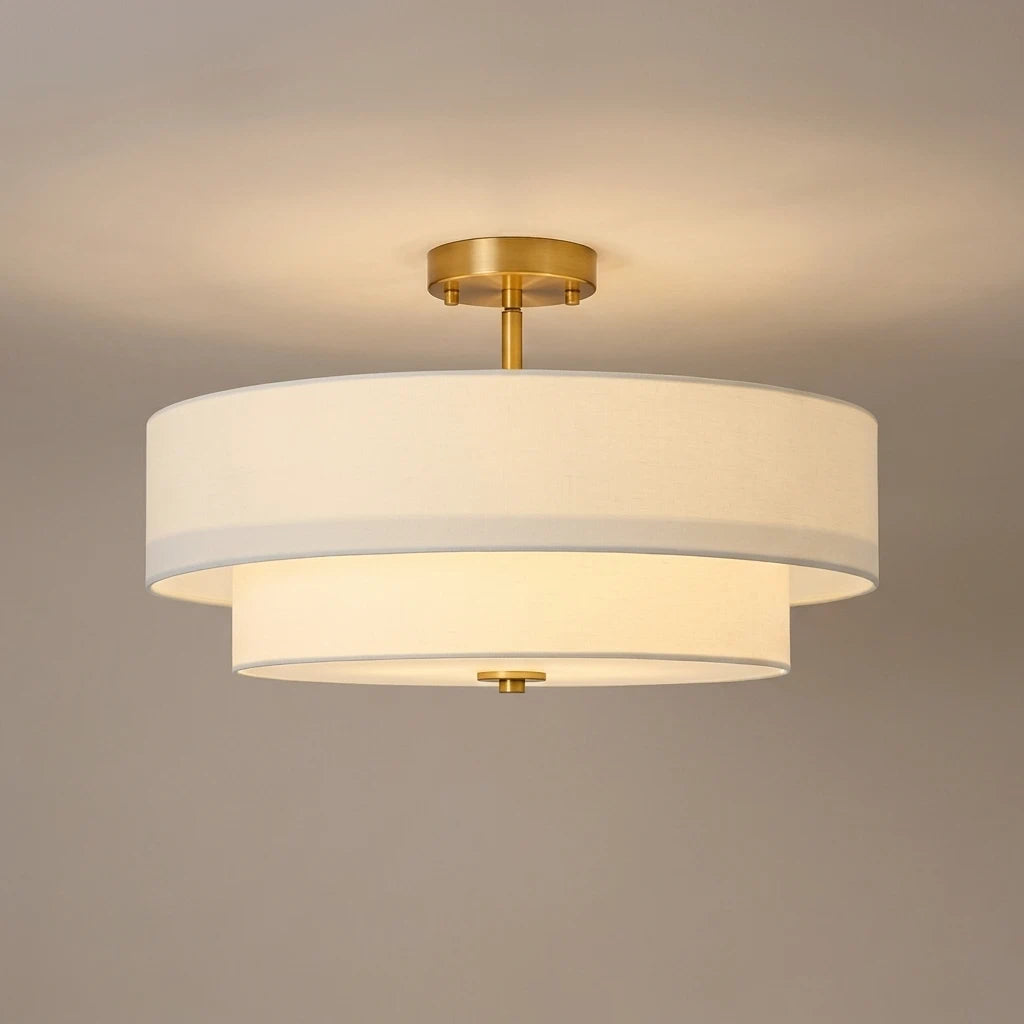 4-Light Wide Drum Linen Ceiling Light White Semi Flush Mount Round Fabric Ceiling Chandelier Light