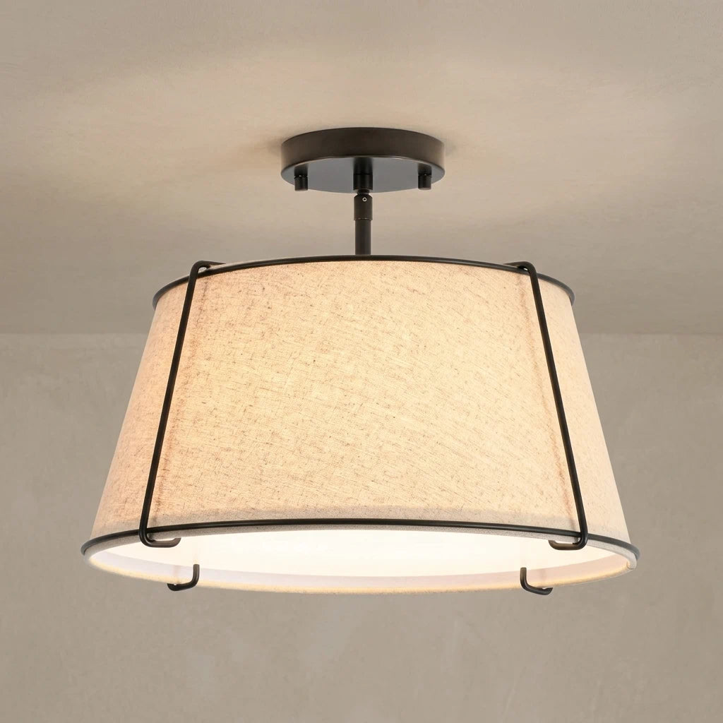 Contemporary Linen Drum Ceiling Light 4-Light Round Semi Flush Mount Light