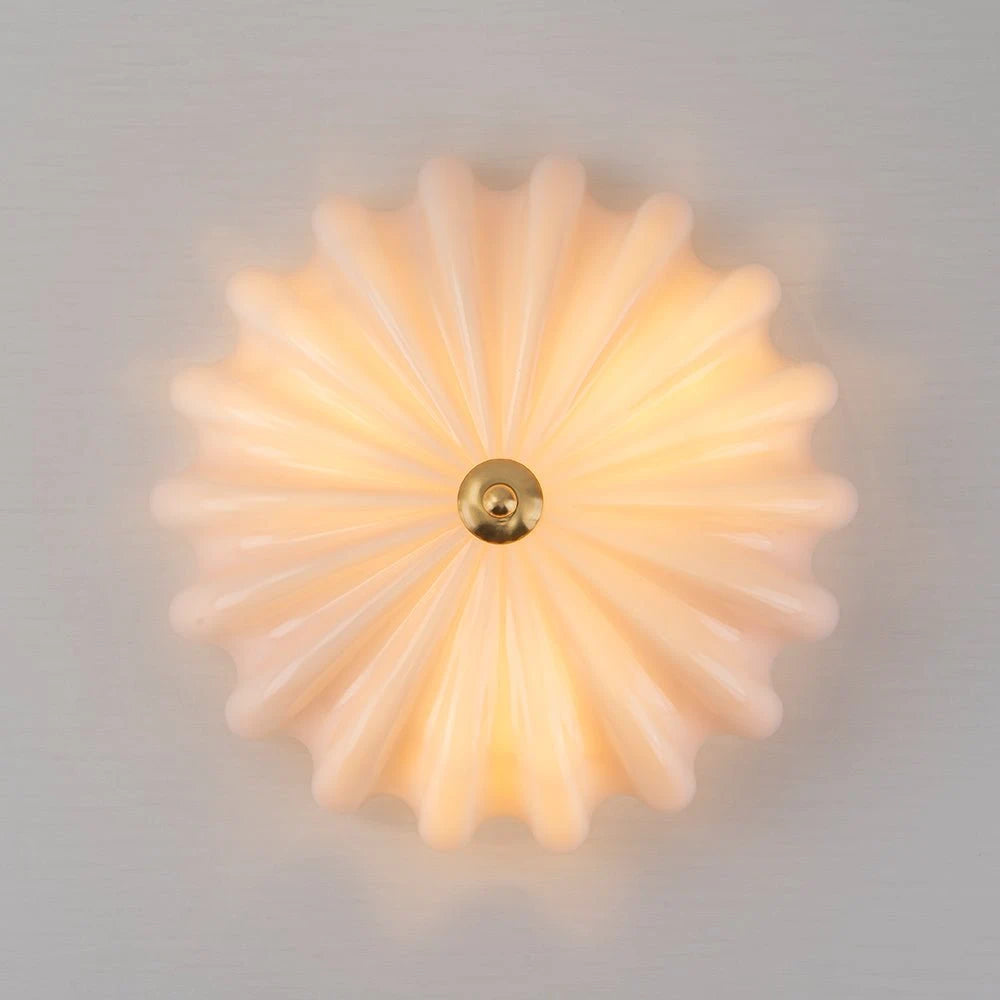 Art Deco Pleated Flower Glass Semi-Flush Mount Ceiling Light Bloom Round Scalloped Ceiling Light