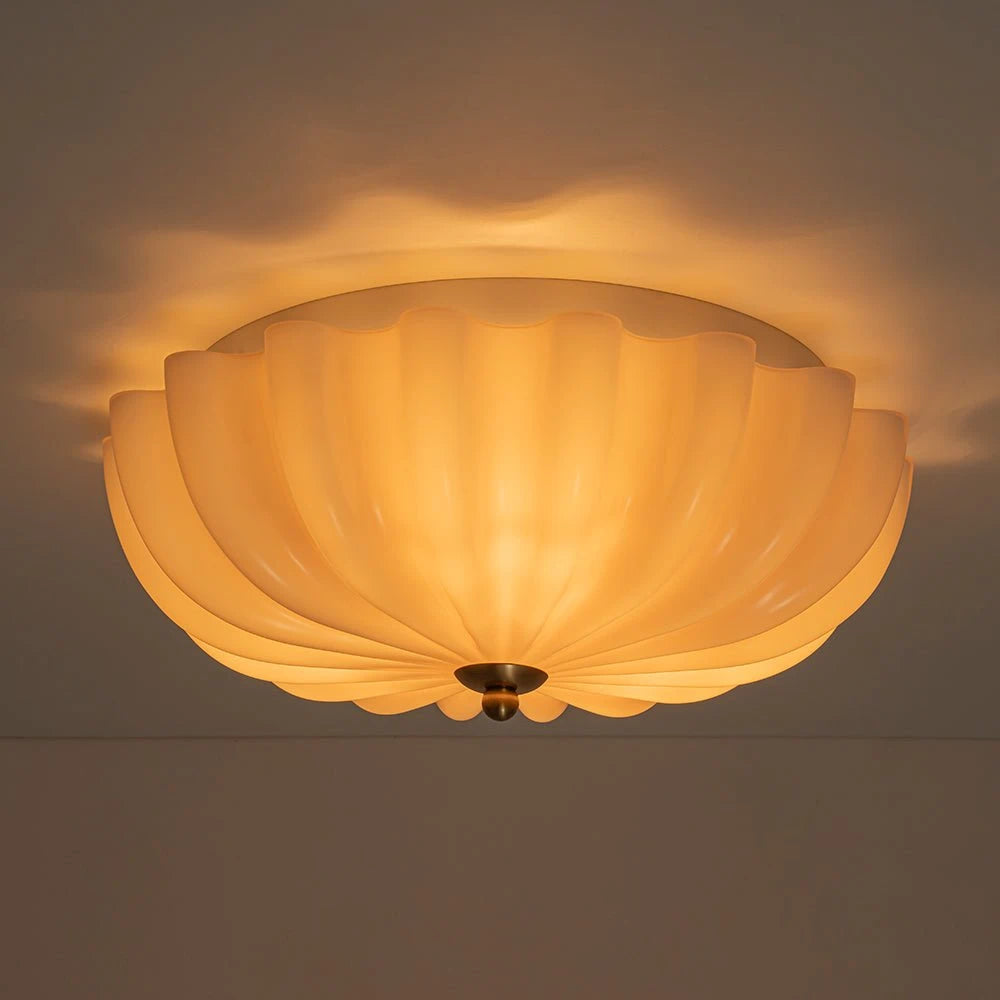 Art Deco Pleated Flower Glass Semi-Flush Mount Ceiling Light Bloom Round Scalloped Ceiling Light