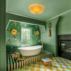 Art Deco Pleated Flower Glass Semi-Flush Mount Ceiling Light Bloom Round Scalloped Ceiling Light