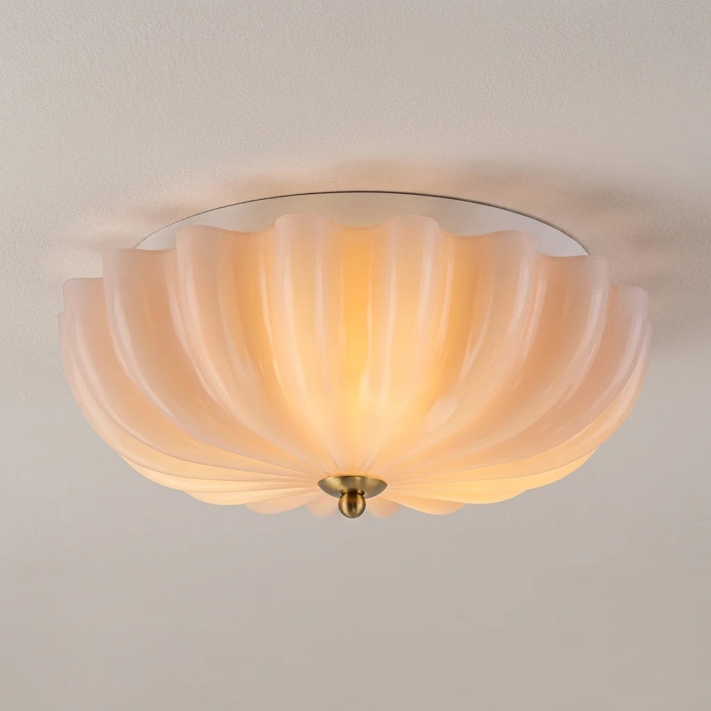Art Deco Pleated Flower Glass Semi-Flush Mount Ceiling Light Bloom Round Scalloped Ceiling Light