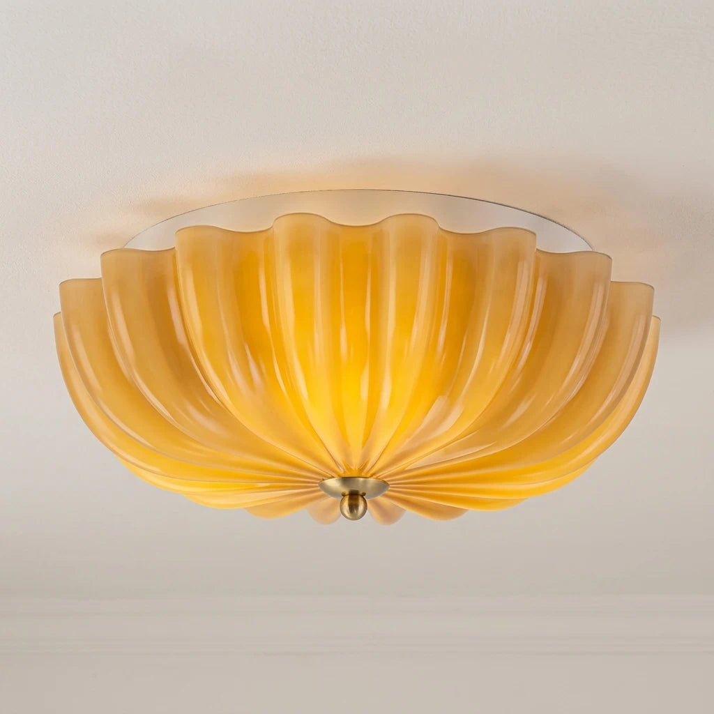 Art Deco Pleated Flower Glass Semi-Flush Mount Ceiling Light Bloom Round Scalloped Ceiling Light