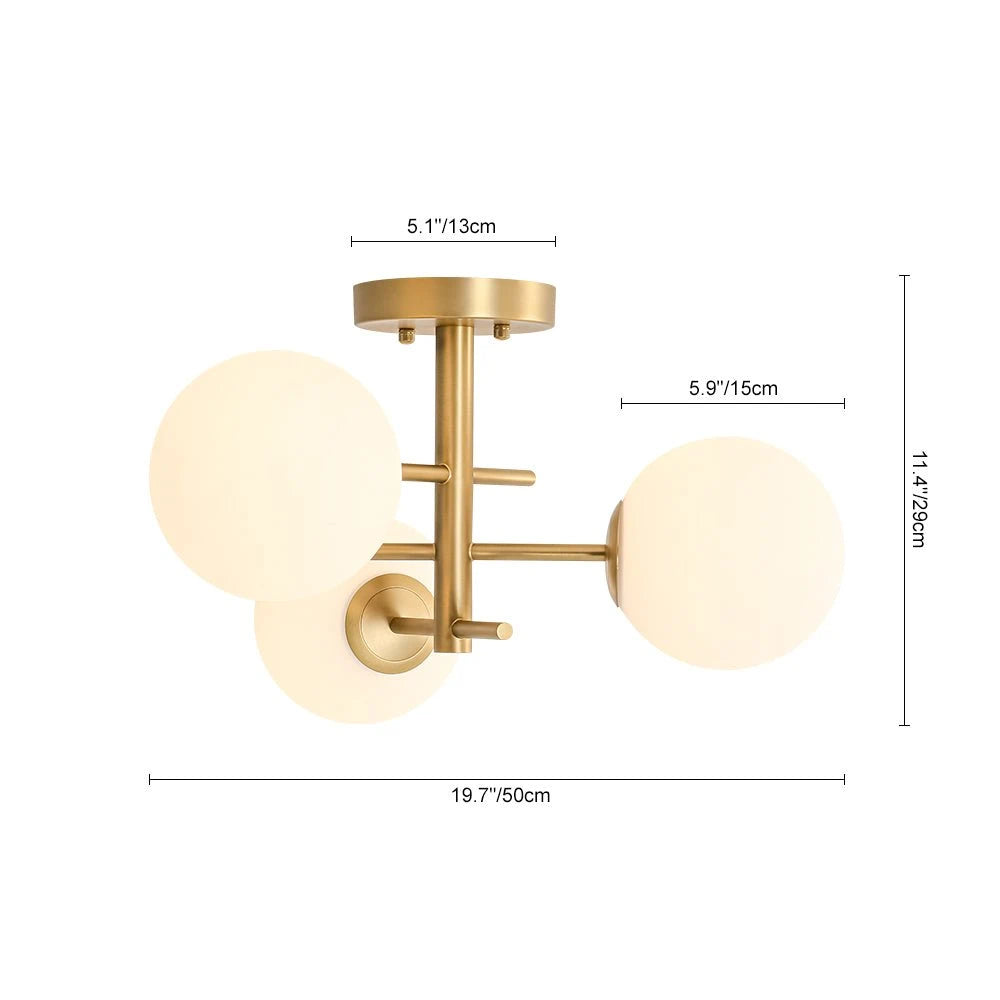Mid-Century Modern 3-Light Bubble Ceiling Light small Sputnik Semi Flush Mount Light with White Glass Globes