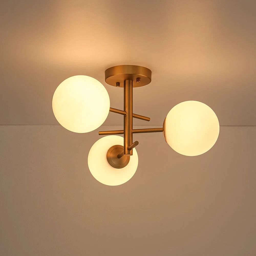 Mid-Century Modern 3-Light Bubble Ceiling Light small Sputnik Semi Flush Mount Light with White Glass Globes