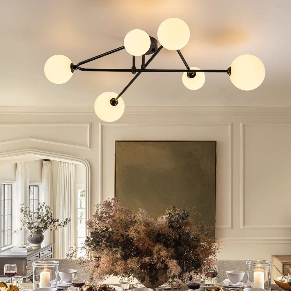 Black 6-Light Frosted Glass Globe Ceiling Light – Mid-Century Modern Linear Sputnik Semi Flush Mount