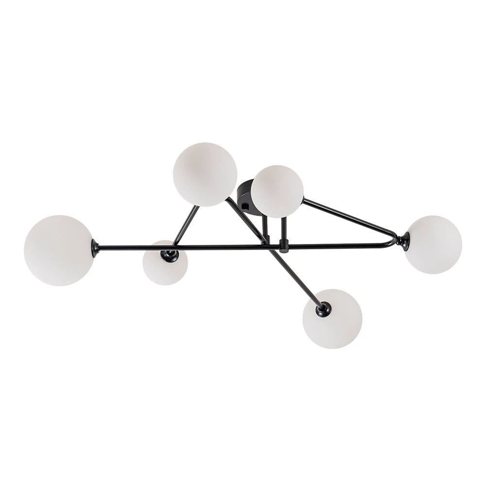 Black 6-Light Frosted Glass Globe Ceiling Light – Mid-Century Modern Linear Sputnik Semi Flush Mount
