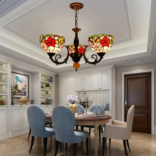 Tiffany-Style 3-Light Stained Glass Chandelier Vintage Multicolor Floral Mosaic Pattern Chandelier