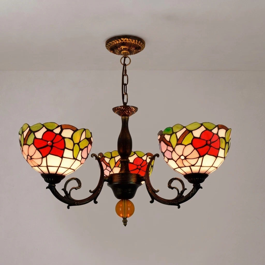 Vintage Tiffany-Style Stained Glass Chandelier Multicolor Mosaic Floral  Hanging Light Fixtures