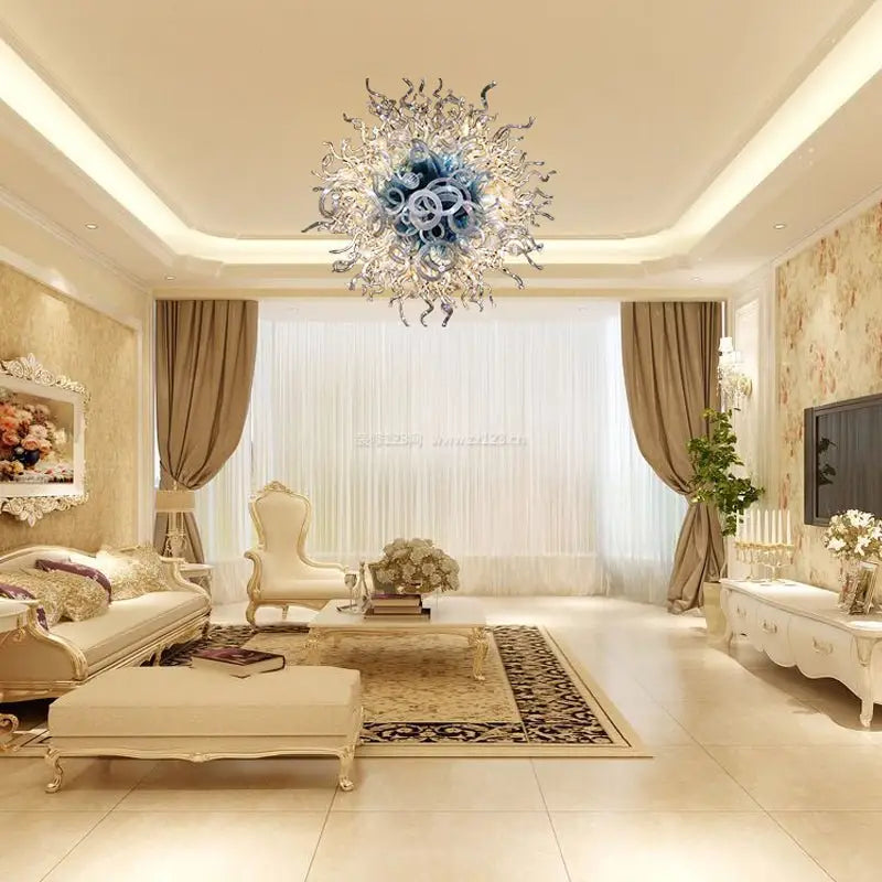 Modern Blue and Clear Art Glass Chandelier Hand-Blown Floral Ball Shape Hanging Sculpture Light for Luxury Interiors