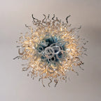 Modern Blue and Clear Art Glass Chandelier Hand-Blown Floral Ball Shape Hanging Sculpture Light for Luxury Interiors