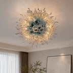 Modern Blue and Clear Art Glass Chandelier Hand-Blown Floral Ball Shape Hanging Sculpture Light for Luxury Interiors