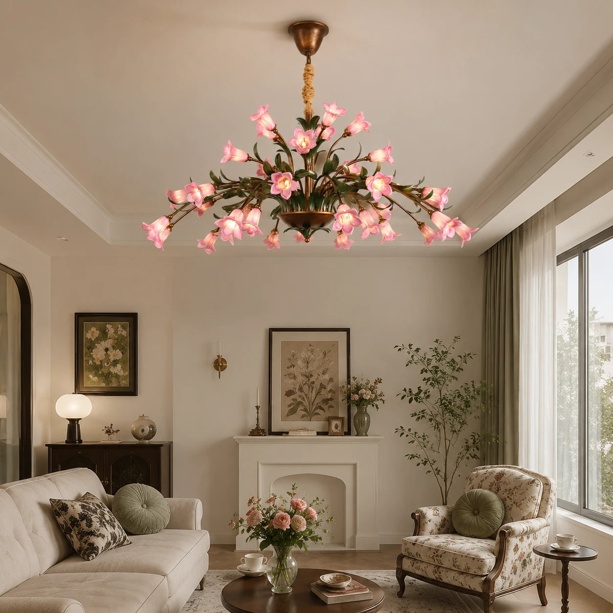 French Vintage Rustic Floral Glass Chandelier Luxury Farmhouse Flower Hanging lamp for Living Room Villa & Hotel Decor
