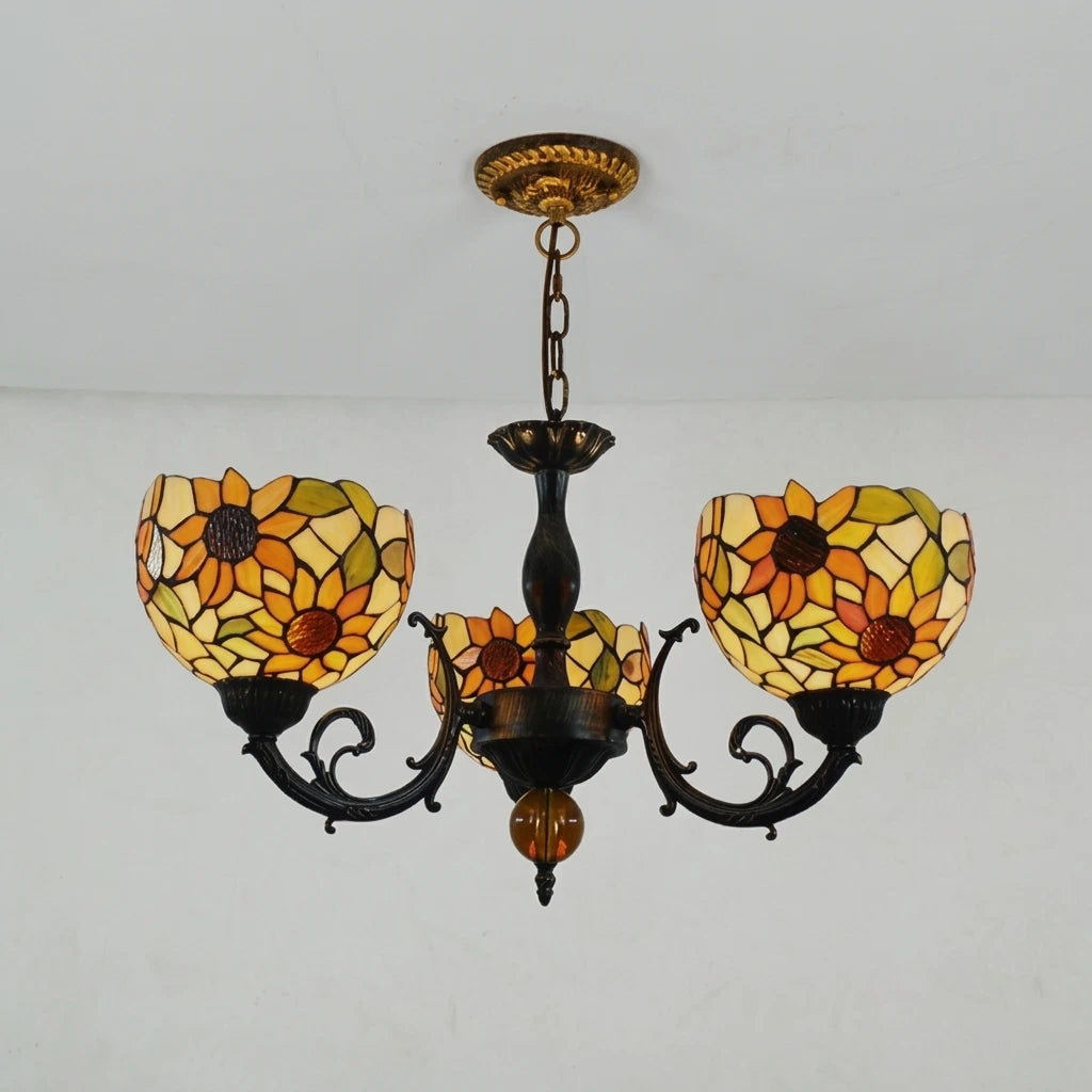 Tiffany-Style Sunflower Stained Glass Chandelier Multicolor 3-Light Vintage Artistic Floral stained Hanging Light