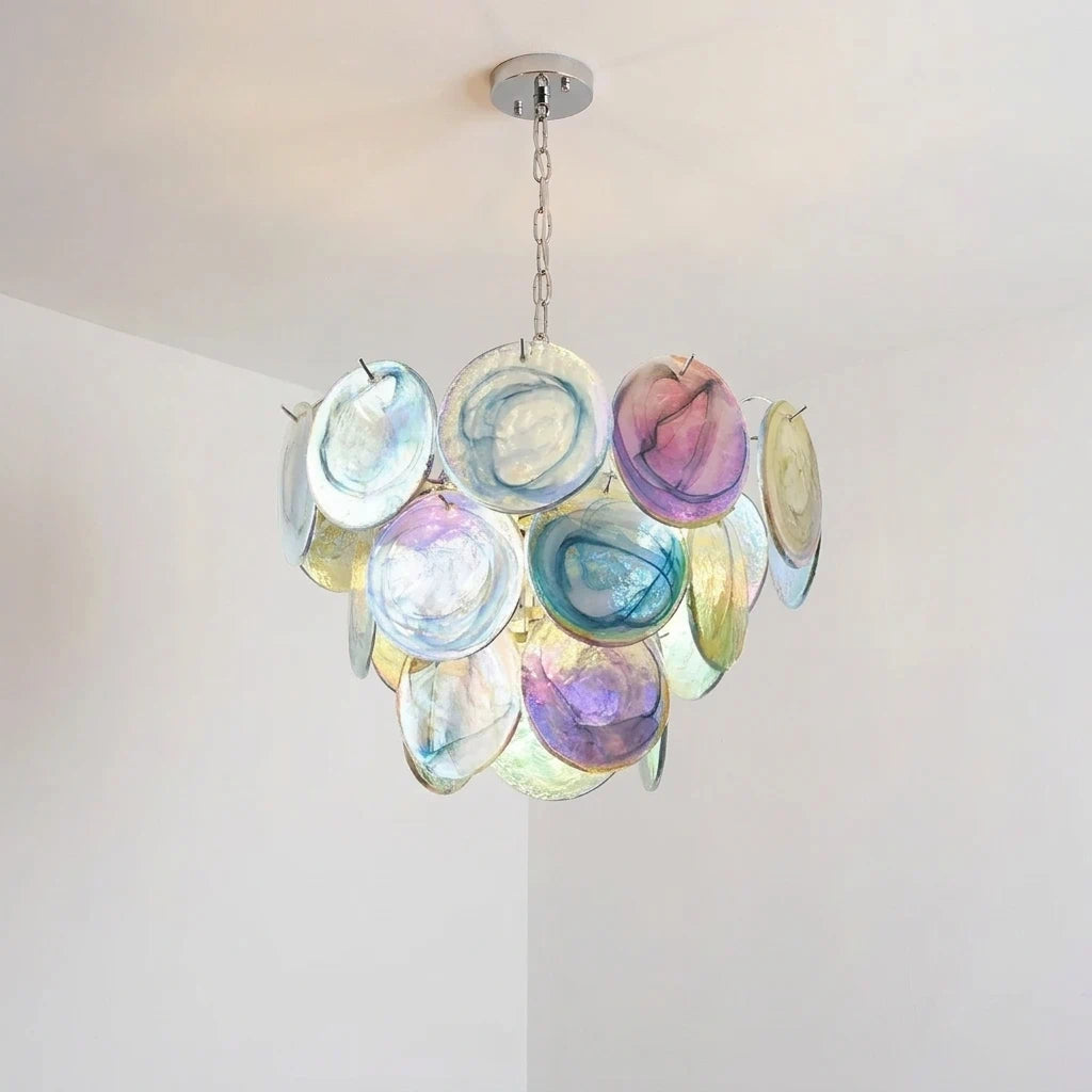 Regenbogenfarbener Glas-Kronleuchter im Murano-Stil Lelaina Künstlerische mehrfarbige mehrstufige Scheiben-Pendelleuchte