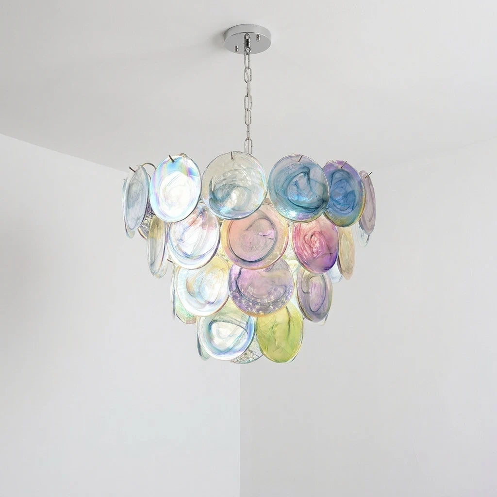 Regenbogenfarbener Glas-Kronleuchter im Murano-Stil Lelaina Künstlerische mehrfarbige mehrstufige Scheiben-Pendelleuchte